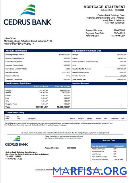 Blank Lebanon Cedrus Bank mortgage statement Word and PDF template